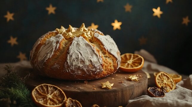 Traditional panettone bread on a wooden board, isolated with decorative golden stars and dried orange slices