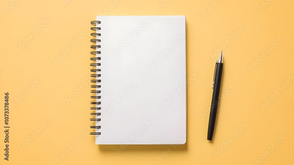 Poster spiral-bound notebook with an open page and a pen on top – representing creativity, writing, and the