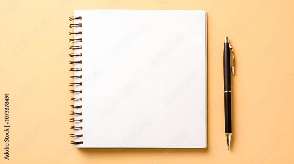 Poster spiral-bound notebook with an open page and a pen on top – representing creativity, writing, and the