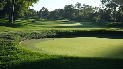 A green putting green on a golf course with a sand trap in the foreground.