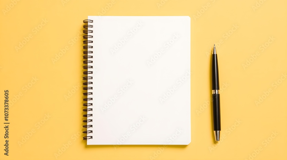 Poster spiral-bound notebook with an open page and a pen on top – representing creativity, writing, and the