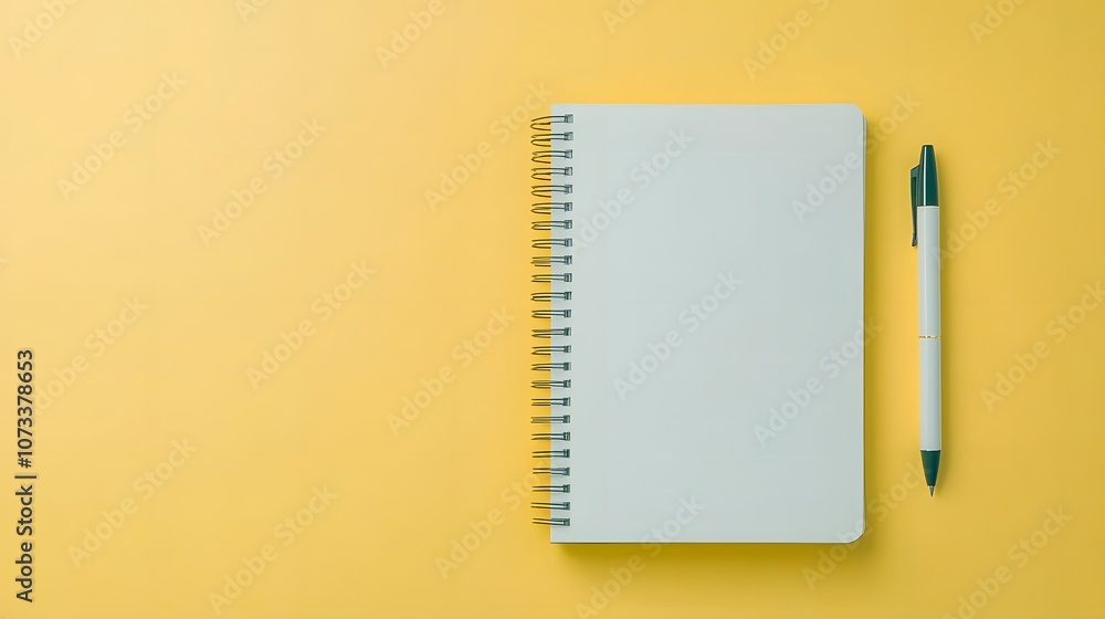 Poster spiral-bound notebook with an open page and a pen on top – representing creativity, writing, and the