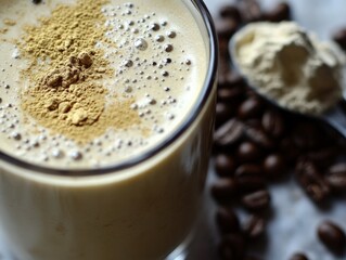 A close-up of a frothy coffee protein shake, with coffee beans and a scoop of protein powder arranged next to it, showcasing the creamy texture and nutritional benefits of this delicious blend