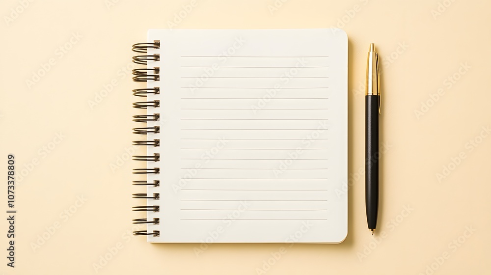 Poster spiral-bound notebook with an open page and a pen on top – representing creativity, writing, and the