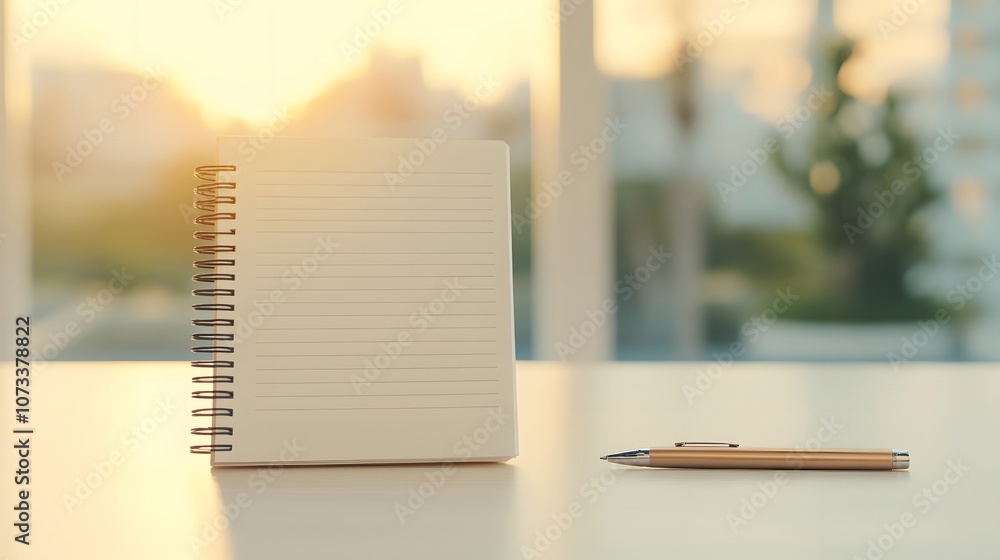 Poster spiral-bound notebook with an open page and a pen on top – representing creativity, writing, and the