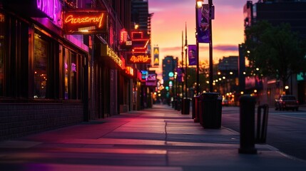 Vibrant city street with neon lights and evening glow under a colorful sunset.