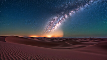 sunrise over the desert with cosmic sky
