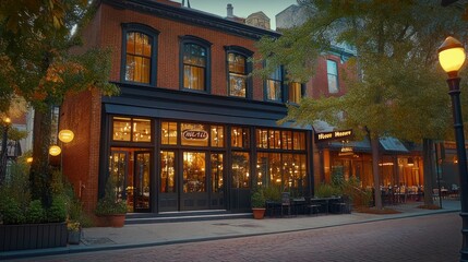 Fototapeta premium A brick building with large windows and a black awning stands on a cobblestone street. The building is lit up with warm yellow lights and there are trees on either side of the building.