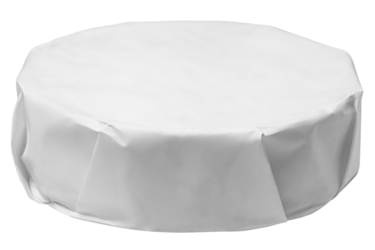 cheese Camembert or Brie in paper package, isolated on white background, full depth of field