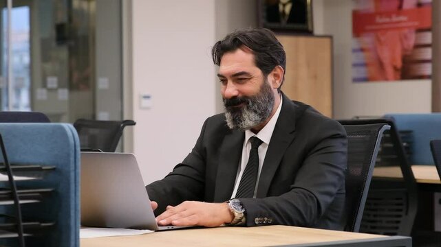 A middle-aged, dark-haired, bearded businessman is at desk in his office, celebrating a major success during a video meeting on his computer, raising his hands in the air to express his joy