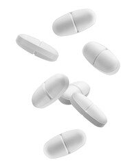 Falling Pill isolated on white background, full depth of field