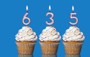 Birthday Cupcakes With Candles Lit Forming The Number 635