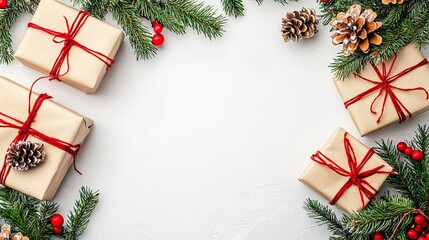 Rustic Christmas Gifts with Pine Branches and Twine on White Background
