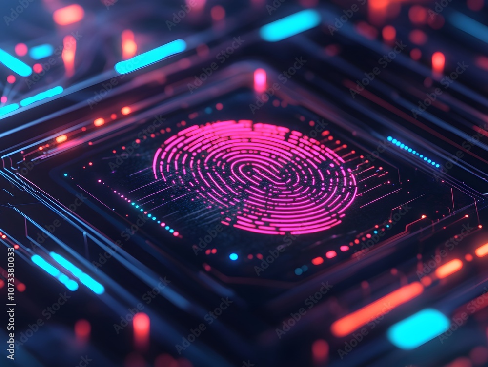 Leinwandbilder abstract digital illustration of a neon pink fingerprint on a futuristic circuit board with glowing 