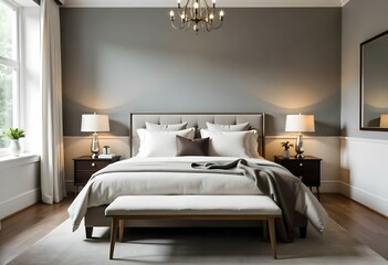 A cozy and modern bedroom with a large bed, neutral-colored bedding, and a chandelier overhead.