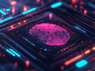 Abstract Digital Illustration of a Neon Pink Fingerprint on a Futuristic Circuit Board with Glowing Blue and Red Elements Showcasing Advanced Technology Concepts