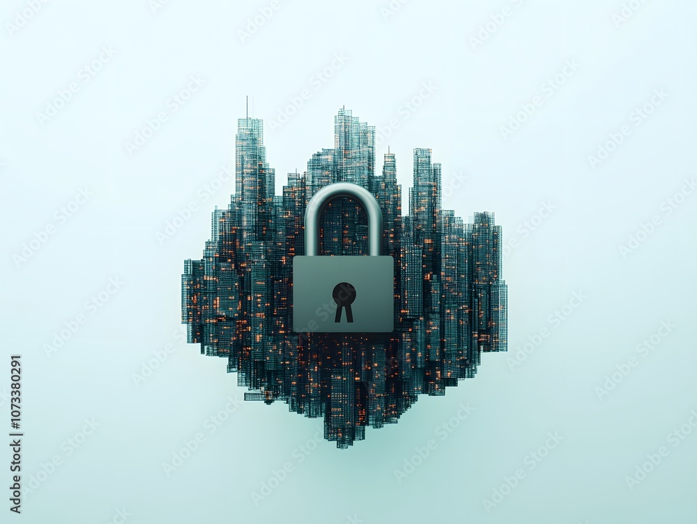Poster Conceptual illustration of a digital lock representing cybersecurity in a cityscape, symbolizing data protection and privacy in modern technology driven world.