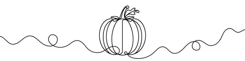 One continuous line illustration of a pumpkin, isolated on white background. This is a one line art of a pumpkin.