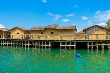 Museum on water, Bay of Bones, prehistoric pile-dwelling, recreation of a bronze age settlement on Lake Ohrid, North Macedonia