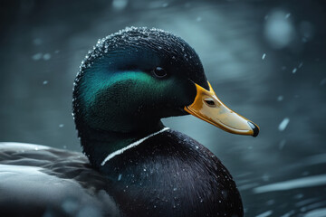 Close-up of a male mallard duck with vibrant iridescent feathers and a snow-dusted back in a serene, cold setting.