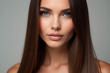 Obraz premium Gorgeous model with sleek long shiny brown hair Keratin treatment care and spa for a sleek style