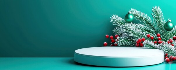 A minimalistic holiday display featuring a white circular podium surrounded by festive greenery and red berries against a teal background.