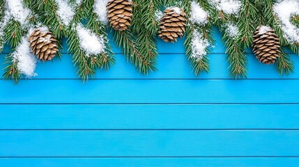 Snow-Dusted Pine Cones and Evergreen Branches on Blue Wooden Planks