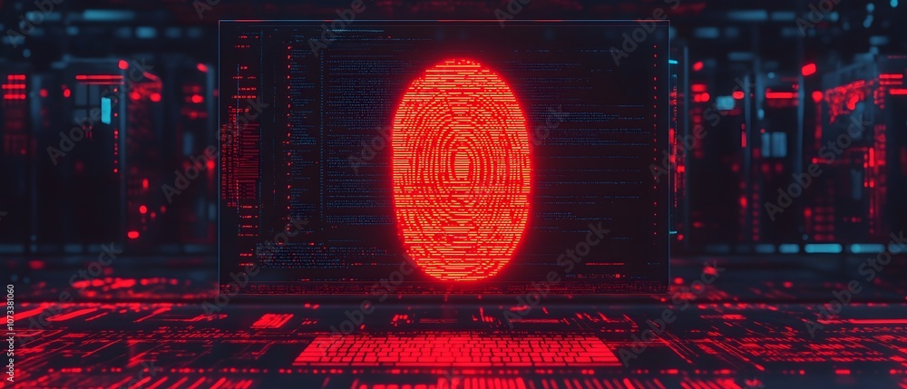 Poster futuristic digital fingerprint display in cyber security environment with neon red highlights and hi