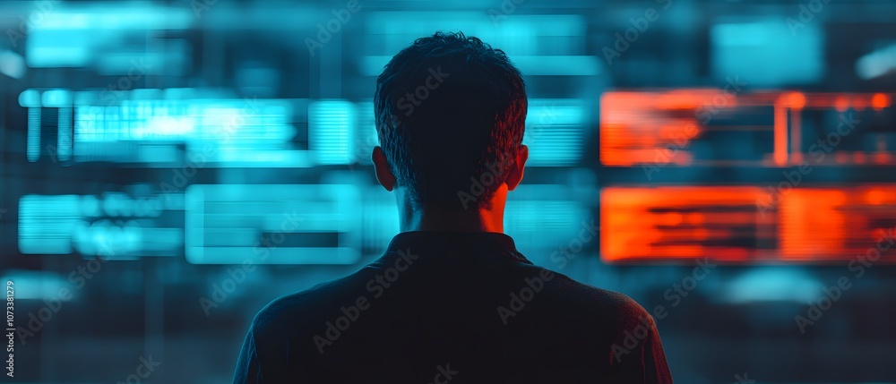 Aufkleber Silhouette of a Person Engaged with Digital Interfaces Displaying Data Analytics, Insights, and Technology Trends in an Illuminated Control Room