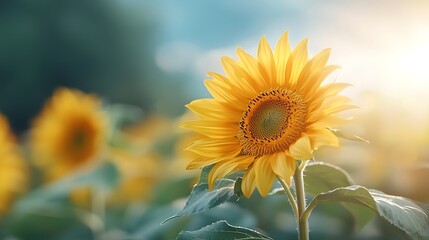 Fototapeta premium Sunflowers bloom brightly in golden fields during the warm summer days
