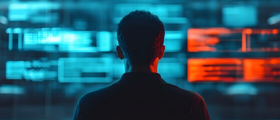 Silhouette of a Person Engaged with Digital Interfaces Displaying Data Analytics, Insights, and Technology Trends in an Illuminated Control Room