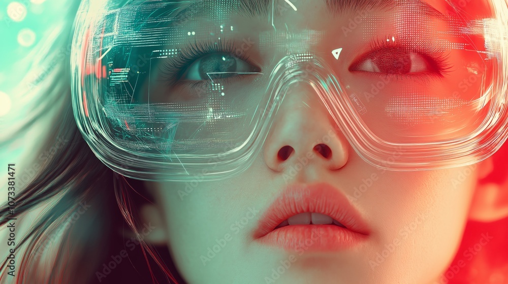 Poster girl in hi-tech vr glasses with elements of artificial intelligence. background in a high-tech style
