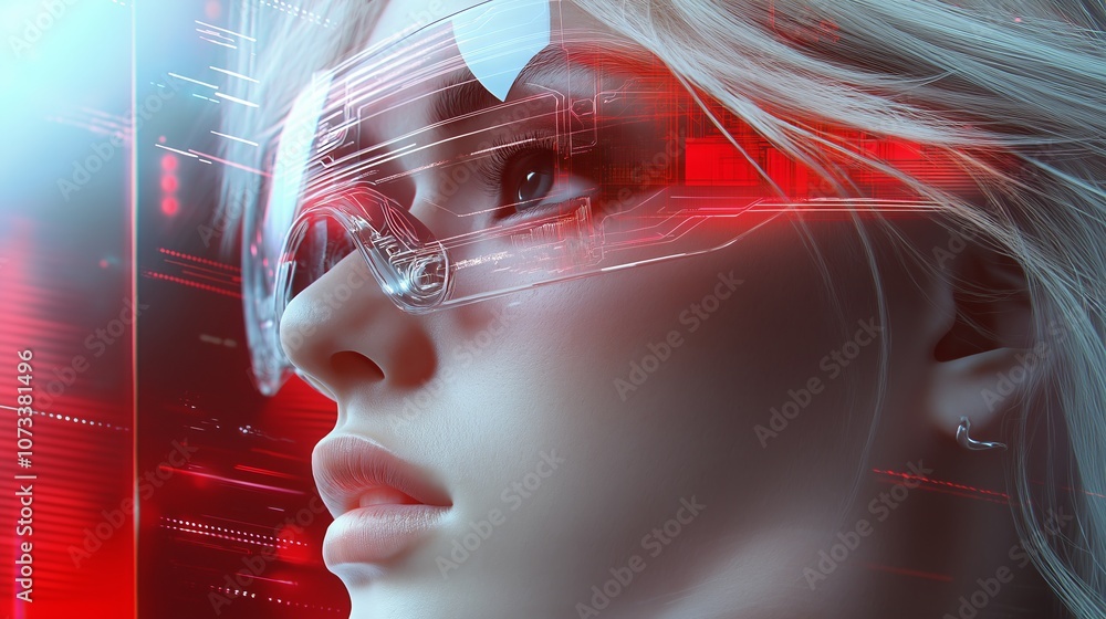 Poster girl in hi-tech vr glasses with elements of artificial intelligence. background in a high-tech style