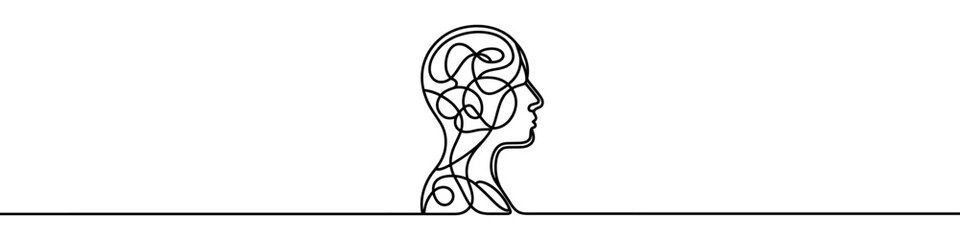Minimalist continuous line drawing representing human head with complex thoughts and ideas