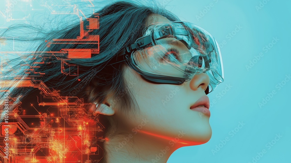 Poster girl in hi-tech vr glasses with elements of artificial intelligence. background in a high-tech style