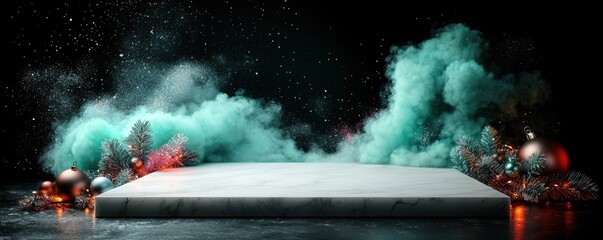 A serene scene featuring a blank stage surrounded by vibrant clouds of color and decorative elements, creating a mystical atmosphere.