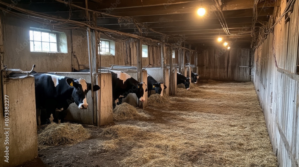 Poster a group of cows are in a barn with a lot of hay