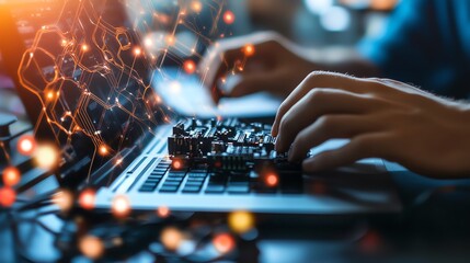 Hands typing on laptop keyboard with glowing digital network connections. Concept of technology innovation and data research.