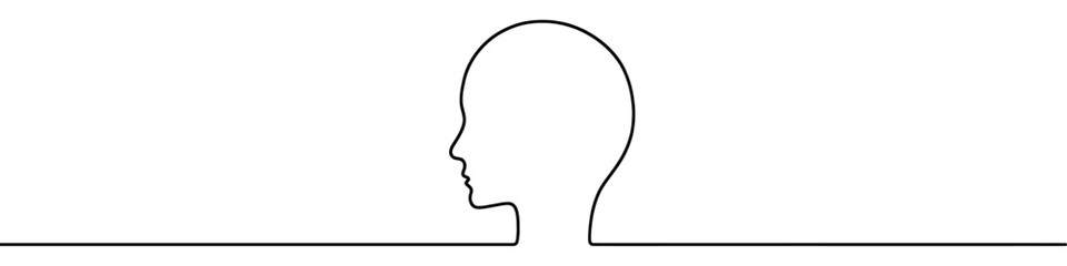 Continuous line drawing representing human head, isolated on white background. Line art of human head
