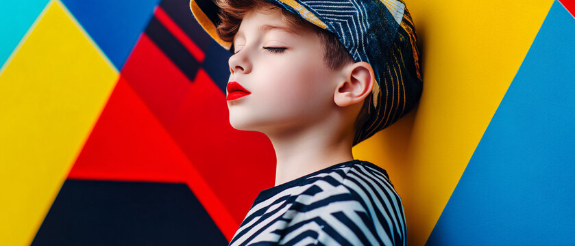Stylish Boy Posing Against Colorful Geometric Background