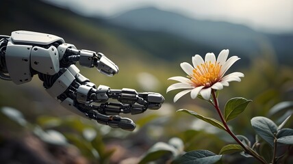 A robotic hand with a flower