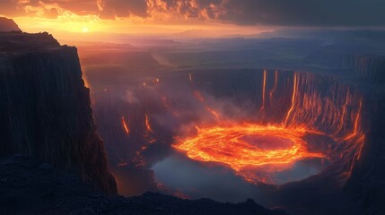 Molten Lava Pool Surrounded by Blackened Rock
