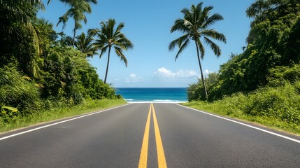 Beautiful road in Hawaii surrounded by lush green trees &ndash; Showcasing tropical serenity, natural beauty, and the scenic landscapes of the islands