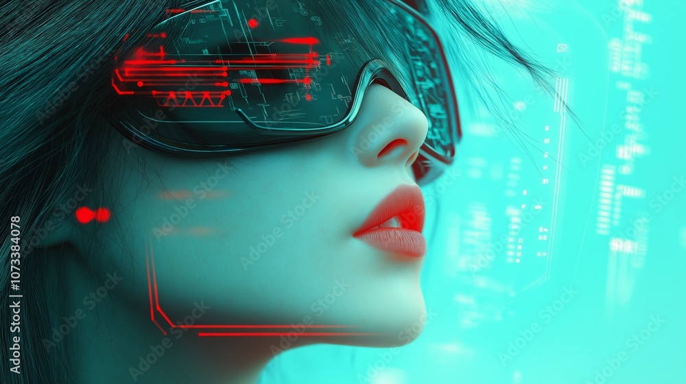 Poster girl in hi-tech vr glasses with elements of artificial intelligence. background in a high-tech style