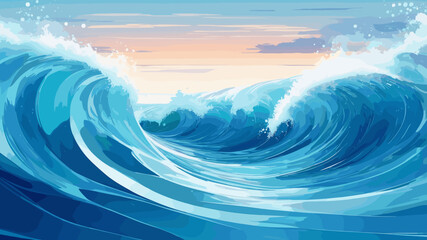 An energetic illustration of an ocean wave at sunrise, featuring dynamic shades of blue and a pastel sky.