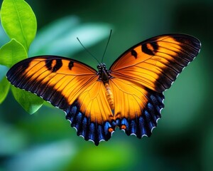 A vibrant orange and black butterfly rests on a green leaf, showcasing its intricate wing patterns against a blurred natural background.