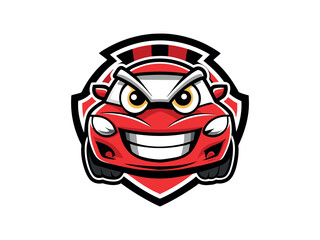a red car with a red car that has a big grin on it Mascot Unique Logo Design