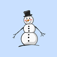 A snowman cartoon isolated on baby blue background for Christmas greeting cards design illustration 
