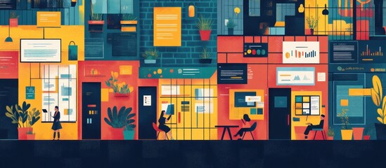 An illustration of a city street scene with colorful buildings, windows, and people, with green plants and potted trees, and with graphic information displayed on the buildings.