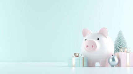 A pig is standing in front of a Christmas tree and presents